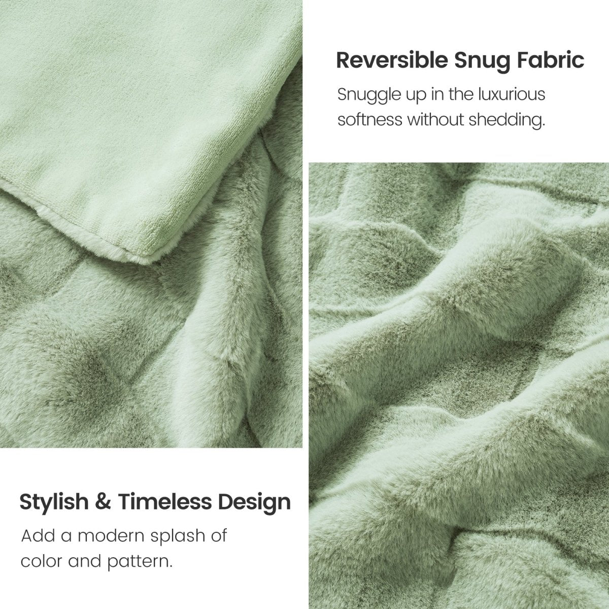 Cozy Bliss sage green faux fur throw blanket, reversible design, ultra-soft, modern home decor #color_Sage Green