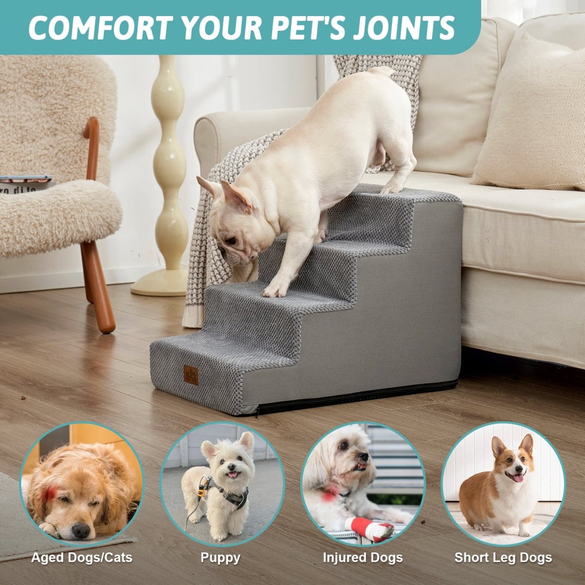 Cozy Bliss foam pet stairs help comfort joints for aged dogs, puppies, injured dogs, and short-leg dogs. #color_Light Grey