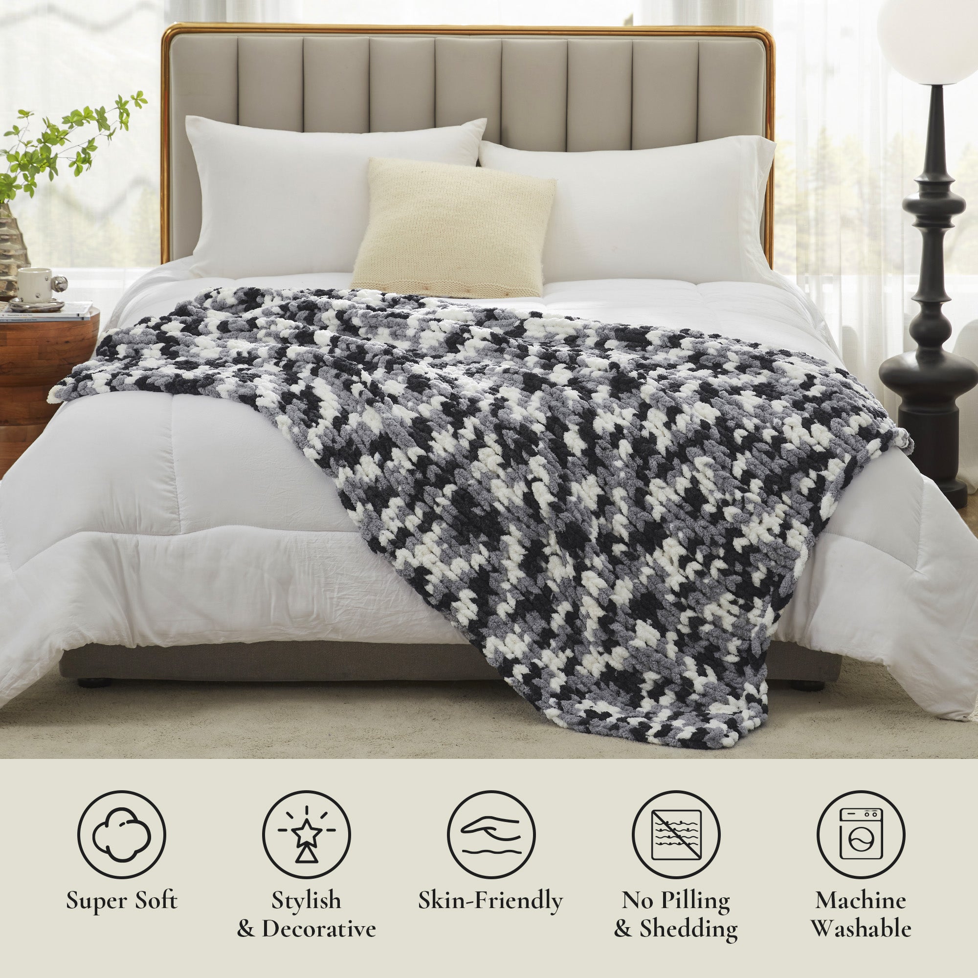 Cozy Bliss X Amélie Home Handmade Chenille Cable Knitted Crochet Throw Blanket