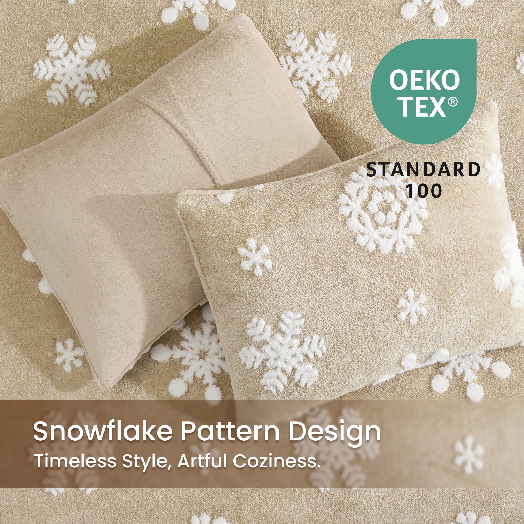 Beige pillows with snowflake pattern design on a beige background, featuring OEKO-TEX Standard 100 logo. #Color_Snowflake Beige