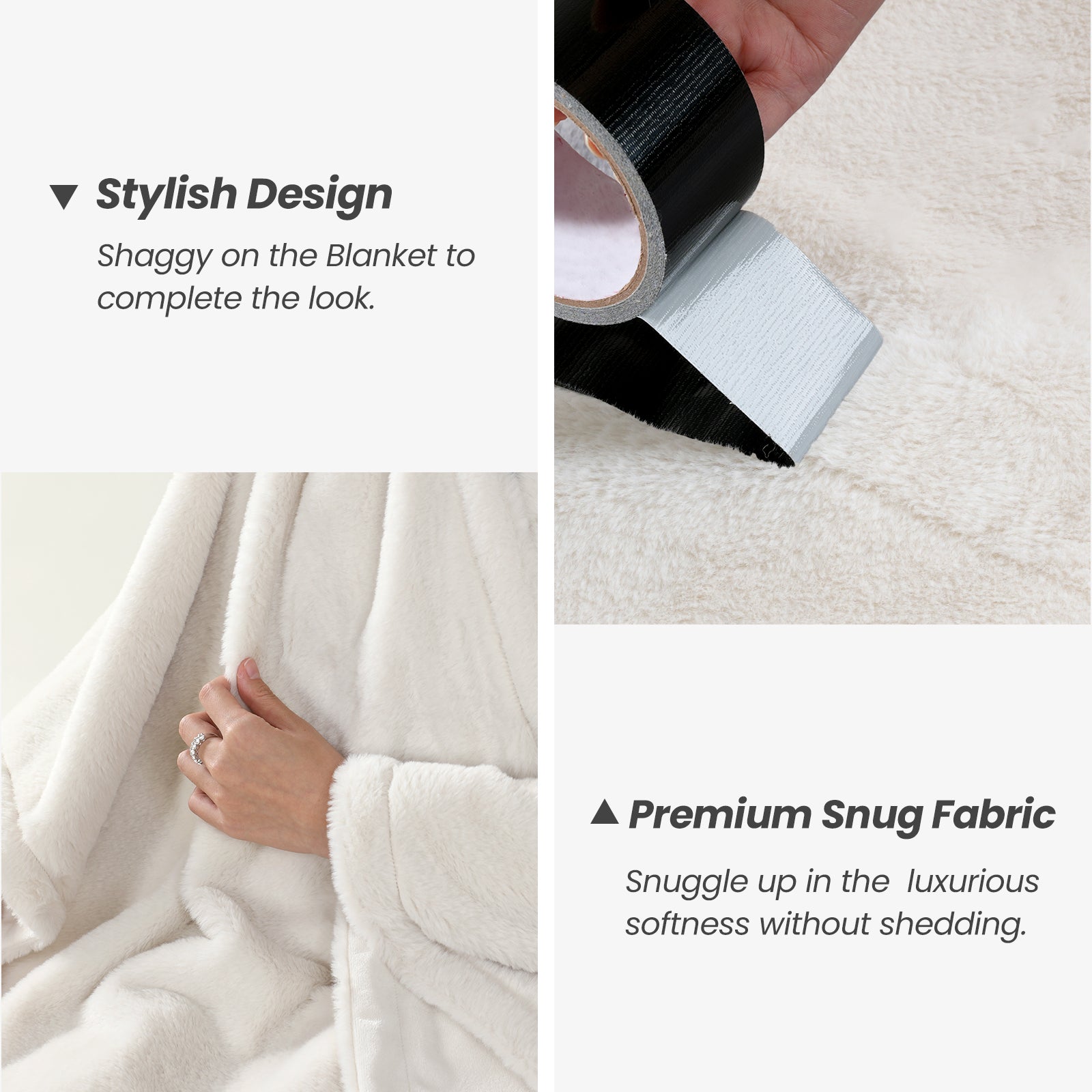 White blanket with text highlighting stylish design and premium snug fabric. #color_Beige