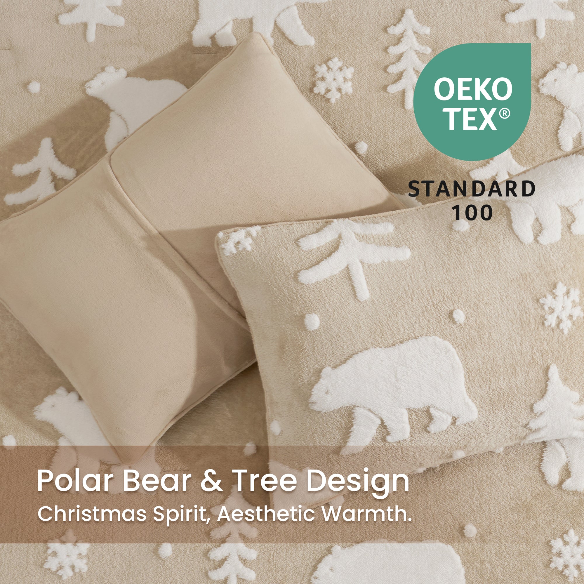 Beige pillowcases with polar bear and tree design on a matching fabric background, featuring Oeko-Tex certification. #Color_Polar Bear