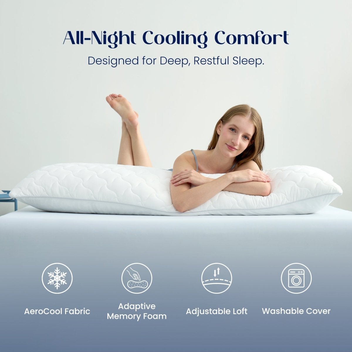 Women enjoying all night cooling comfort with cooling body pillow. #color_White