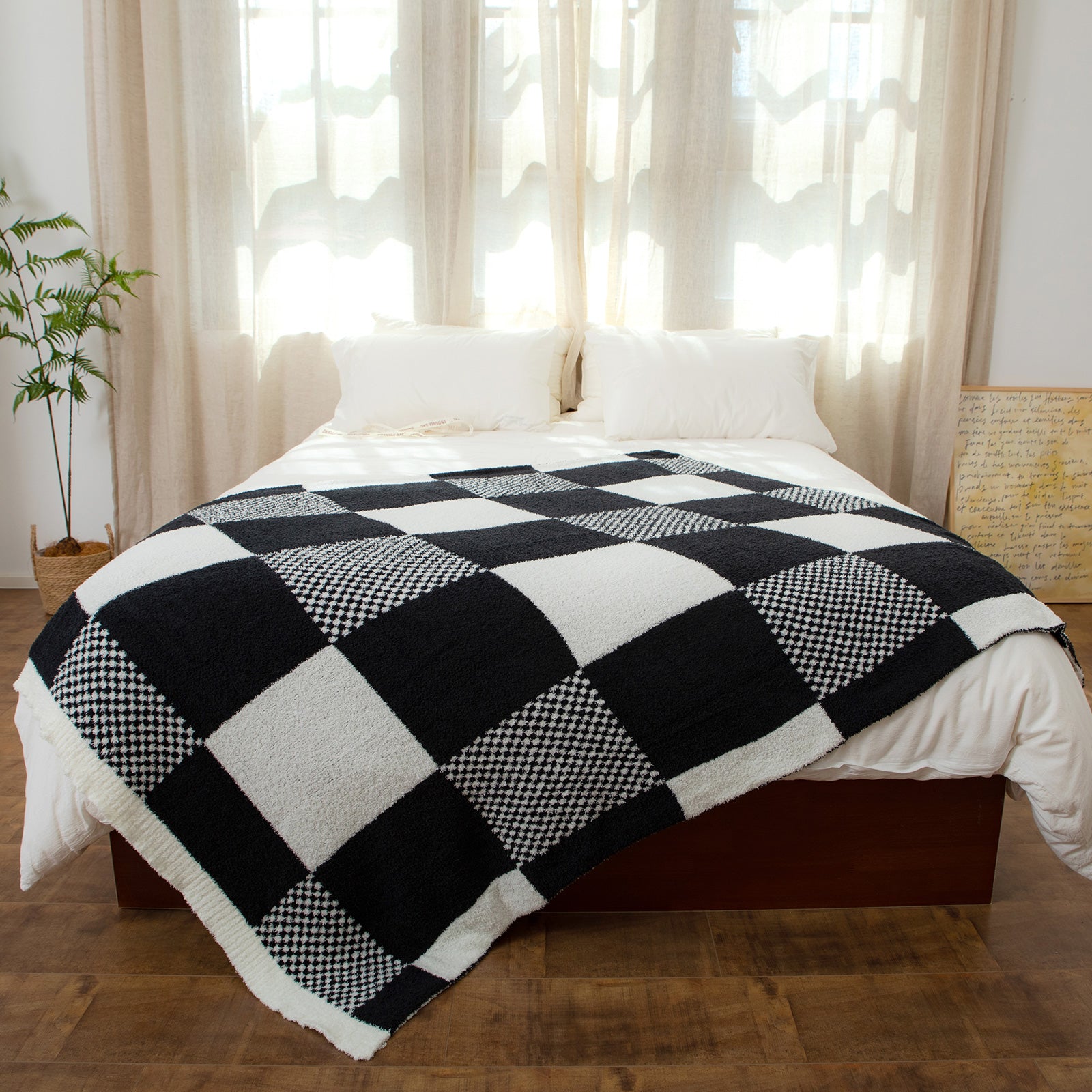 Checkered Feather Yarn Throw Blanket - Romantic Red