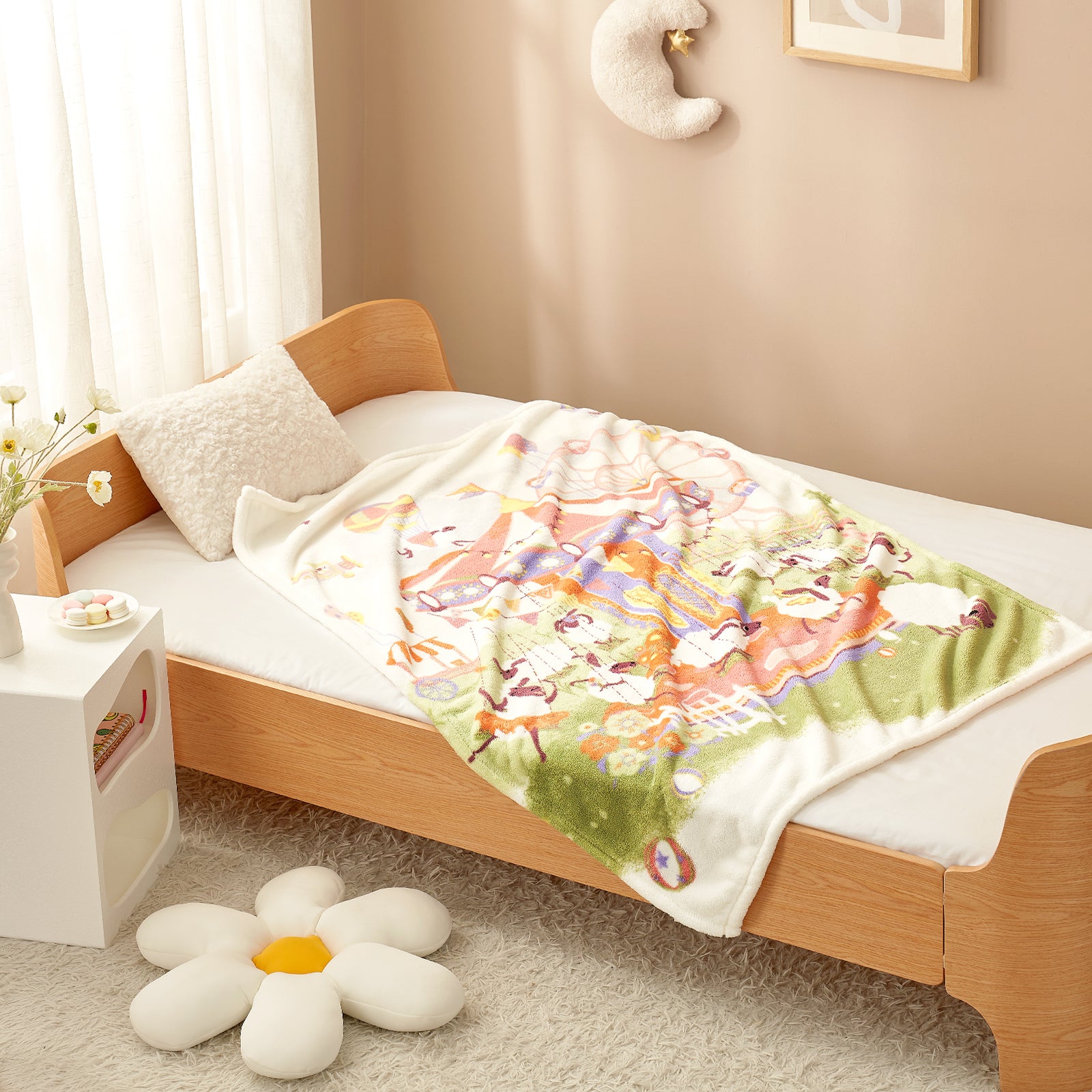 Bed with colorful cartoon blanket in a cozy bedroom setting #color_Lamb Playground