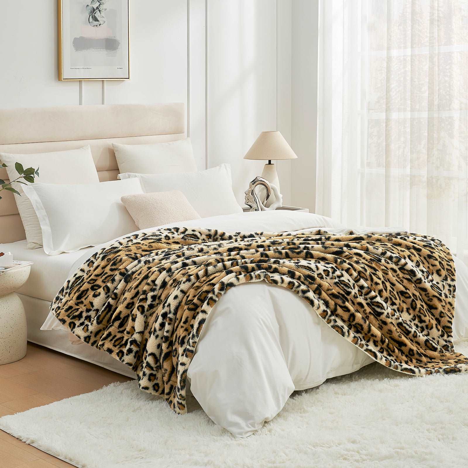 Leopard print faux fur blanket on bed, cozy bedding #color_Brown Leopard