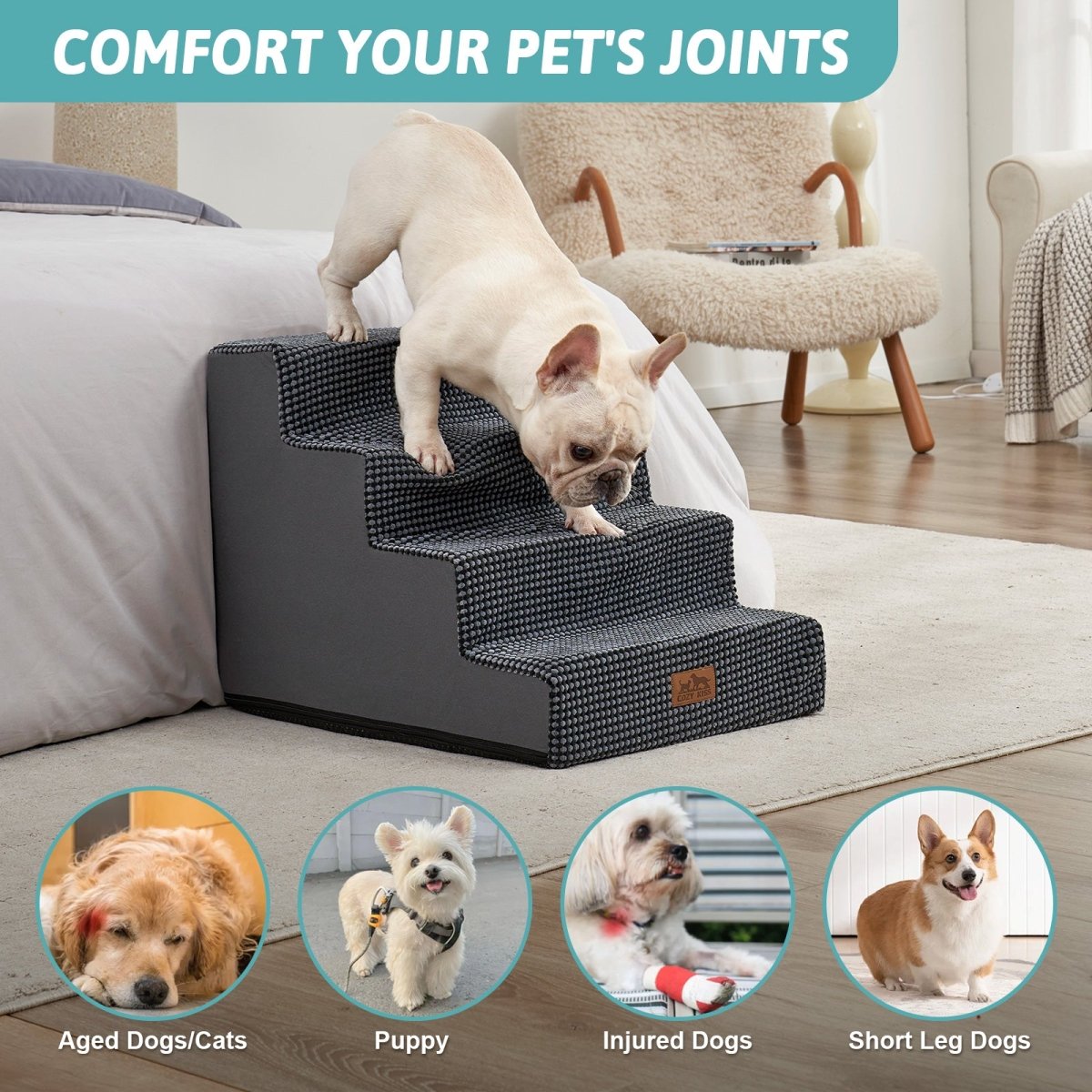 Cozy Bliss foam pet stairs help comfort joints for aged dogs, puppies, injured dogs, and short-leg dogs. #color_Grey