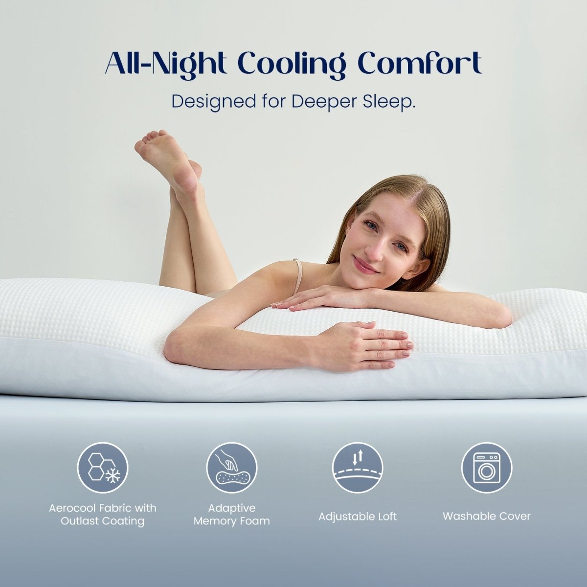 Women using cooling body pillow for all night cooling comfort.#color_Off White