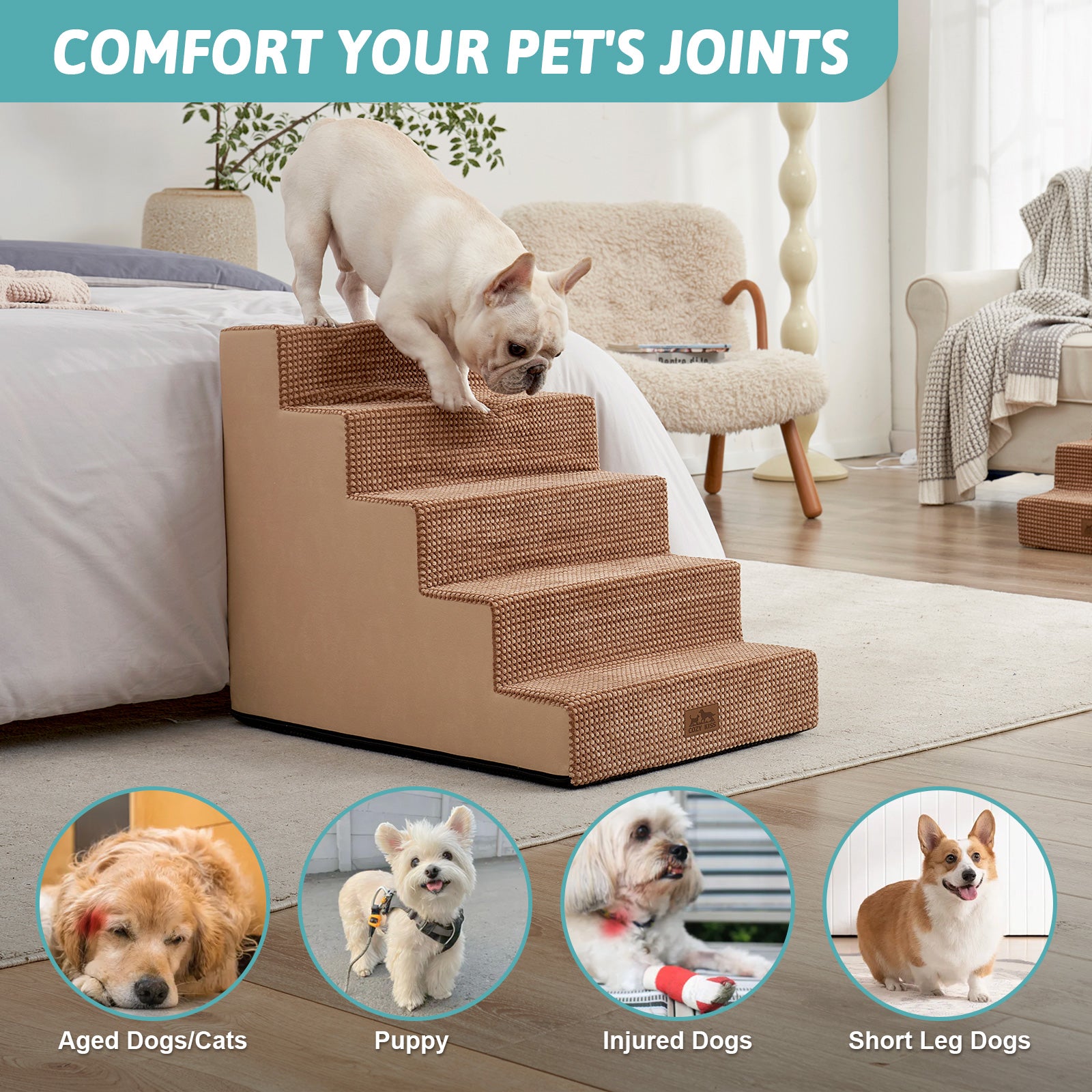 Cozy Bliss foam pet stairs help comfort joints for aged dogs, puppies, injured dogs, and short-leg dogs. #color_Light Brown