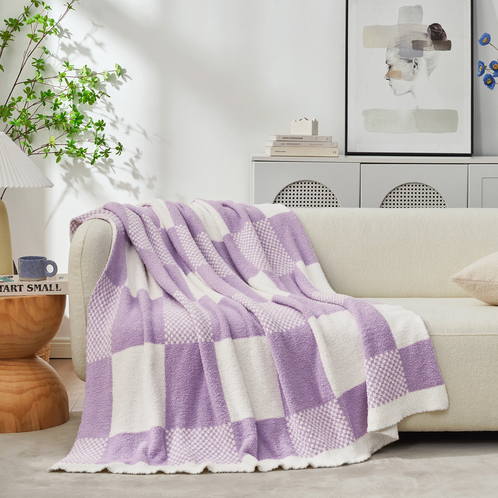 Checkered Feather Yarn Throw Blanket - Romantic Red