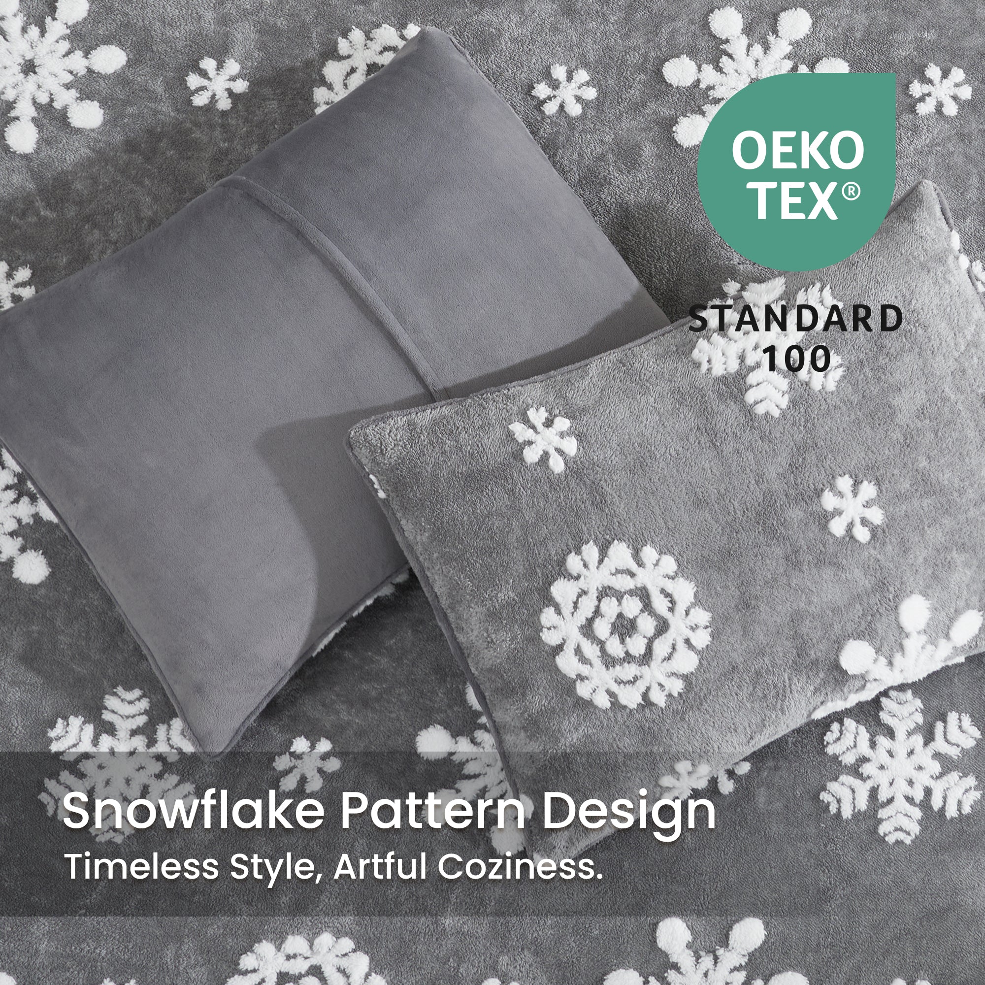 Gray fabric with snowflake pattern and OEKO-TEX certification label on a textured background. #Color_Snowflake Grey