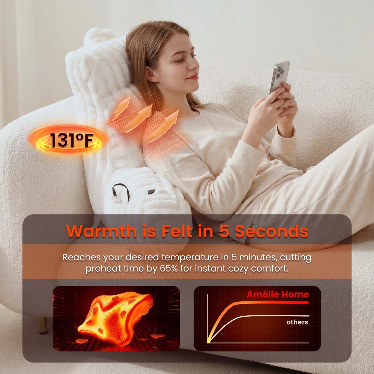 Woman leaning on a ivory heated backrest pillow, holding a phone, with text about quick warmth.#color_Ivory