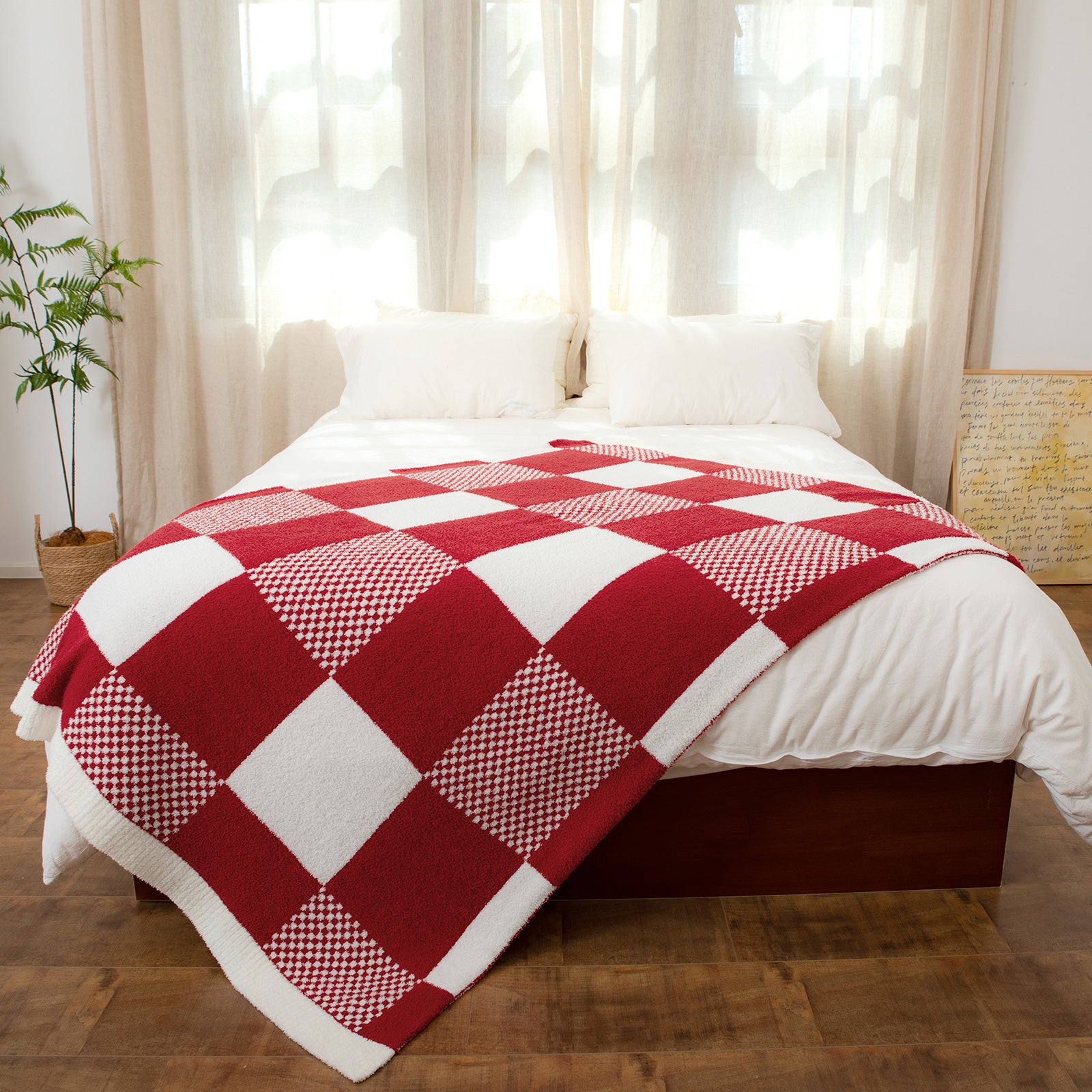 Checkered Feather Yarn Throw Blanket - Romantic Red
