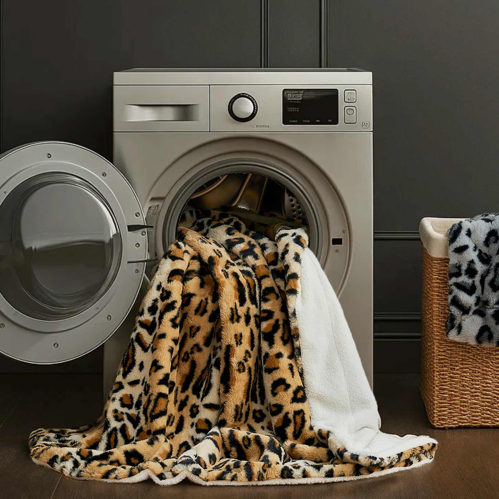 Laundry room with a washing machine and leopard print blanket on the floor. #color_Brown Leopard