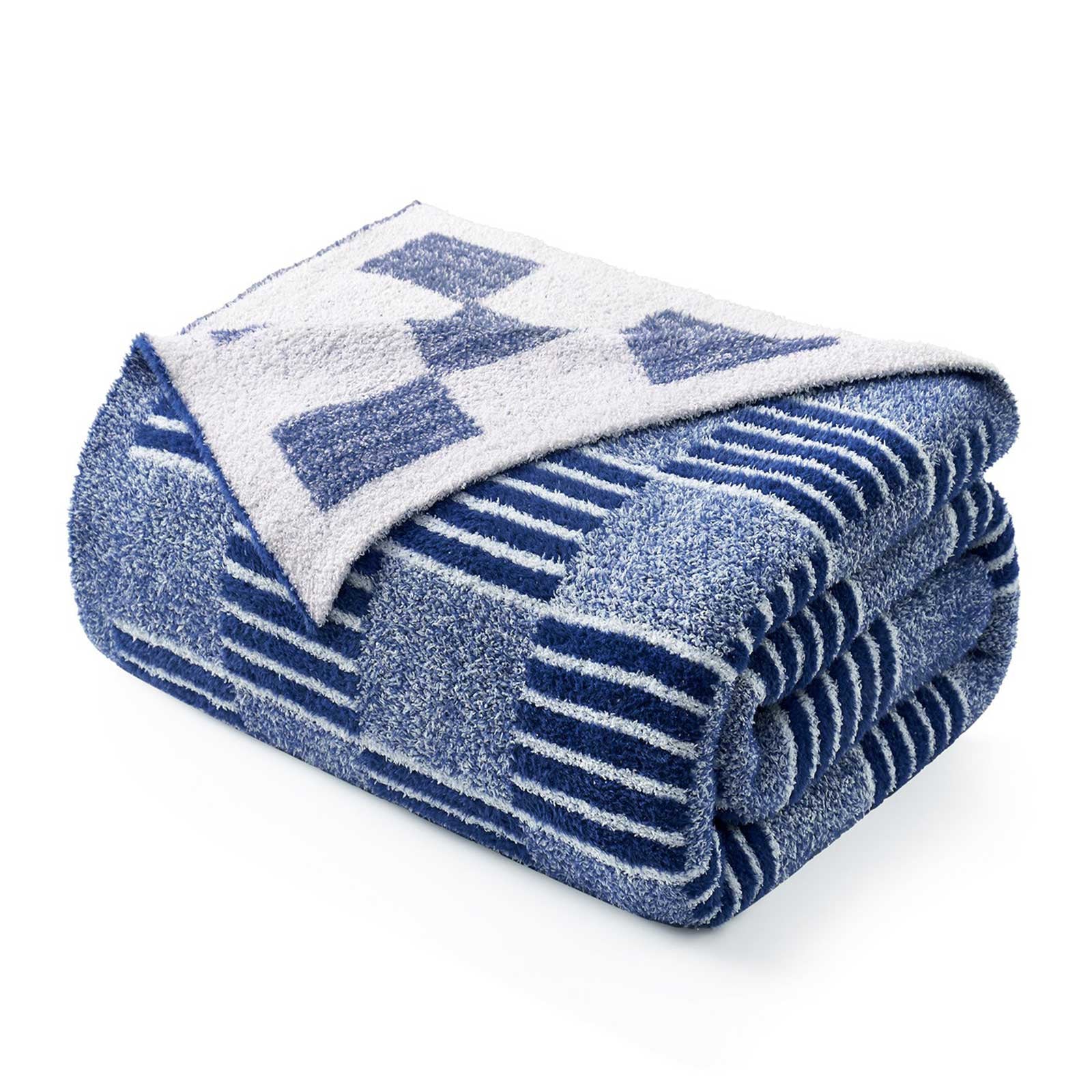 Reversible Heather Checkered Feather Yarn Throw Blanket