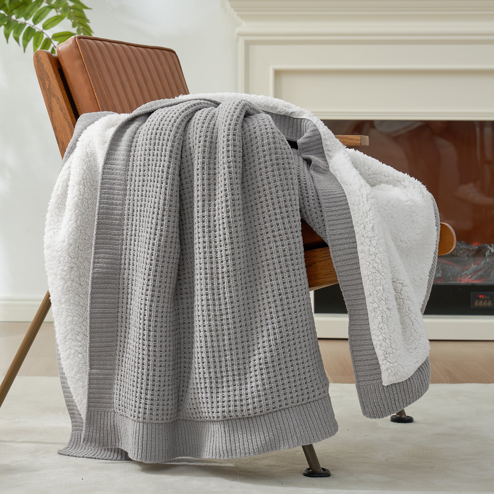 Reversible Waffle Chenille Sherpa Knit Throw Blanket