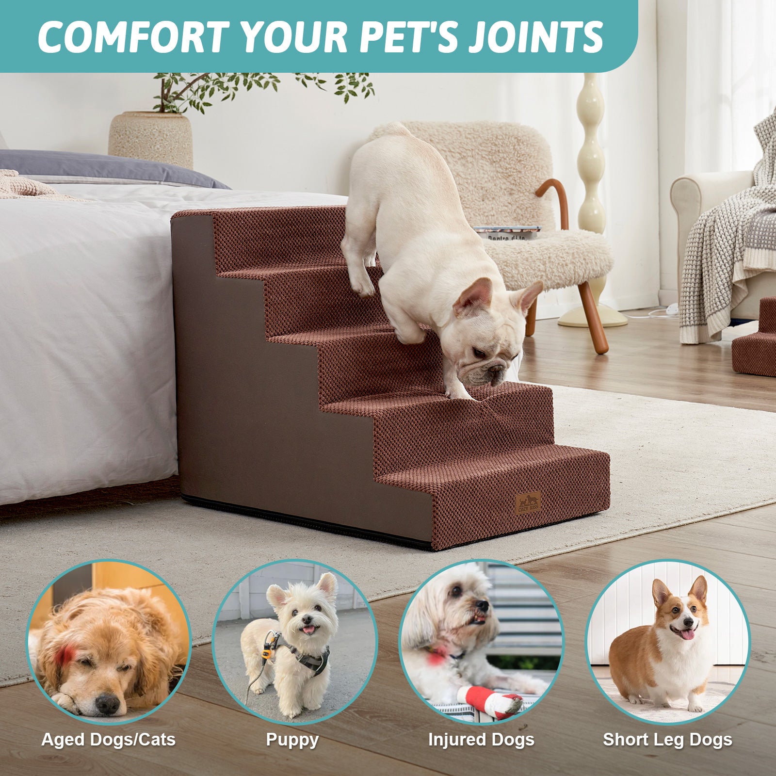 Cozy Bliss foam pet stairs help comfort joints for aged dogs, puppies, injured dogs, and short-leg dogs. #color_Brown