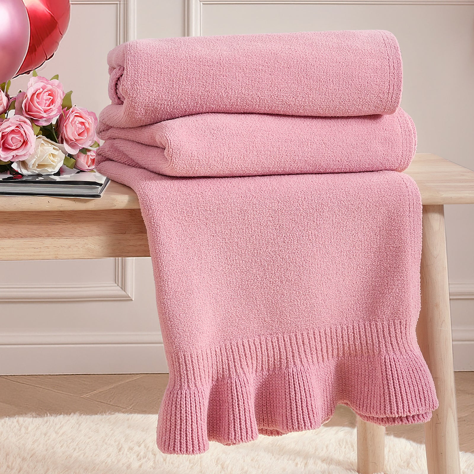Valentine Pink Ruffle Knit Chenille Throw Blanket