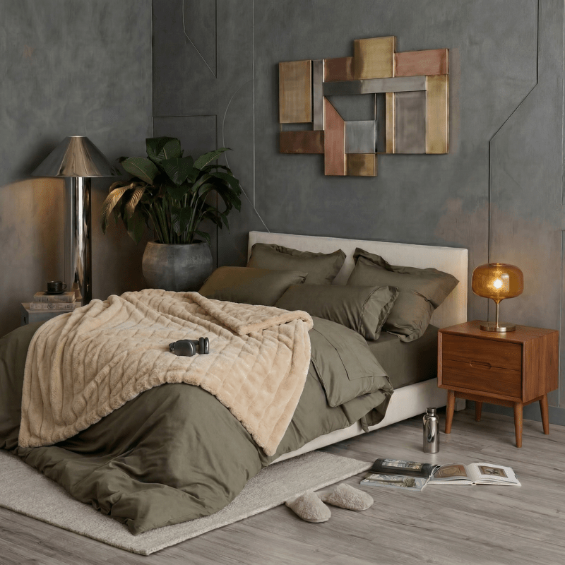 Cozy Bliss sheared faux fur throw blanket layered across the bed in a neutral khaki room display #color_Khaki