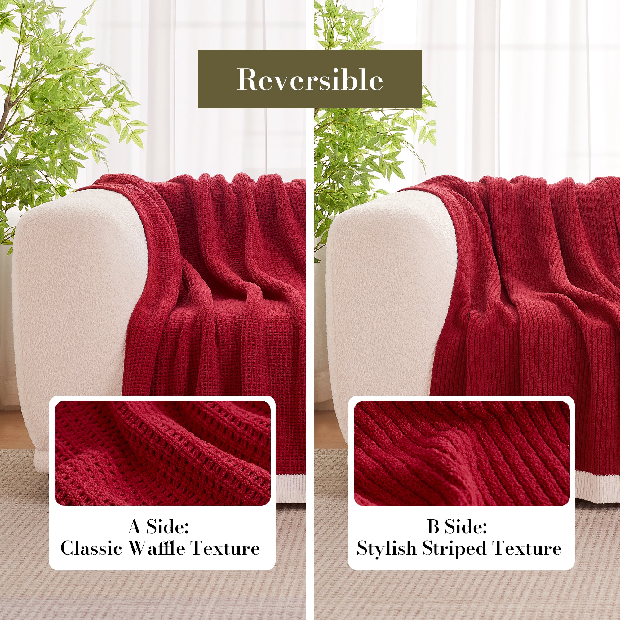 Red reversible blanket on a chair with text indicating texture options. #color_Red