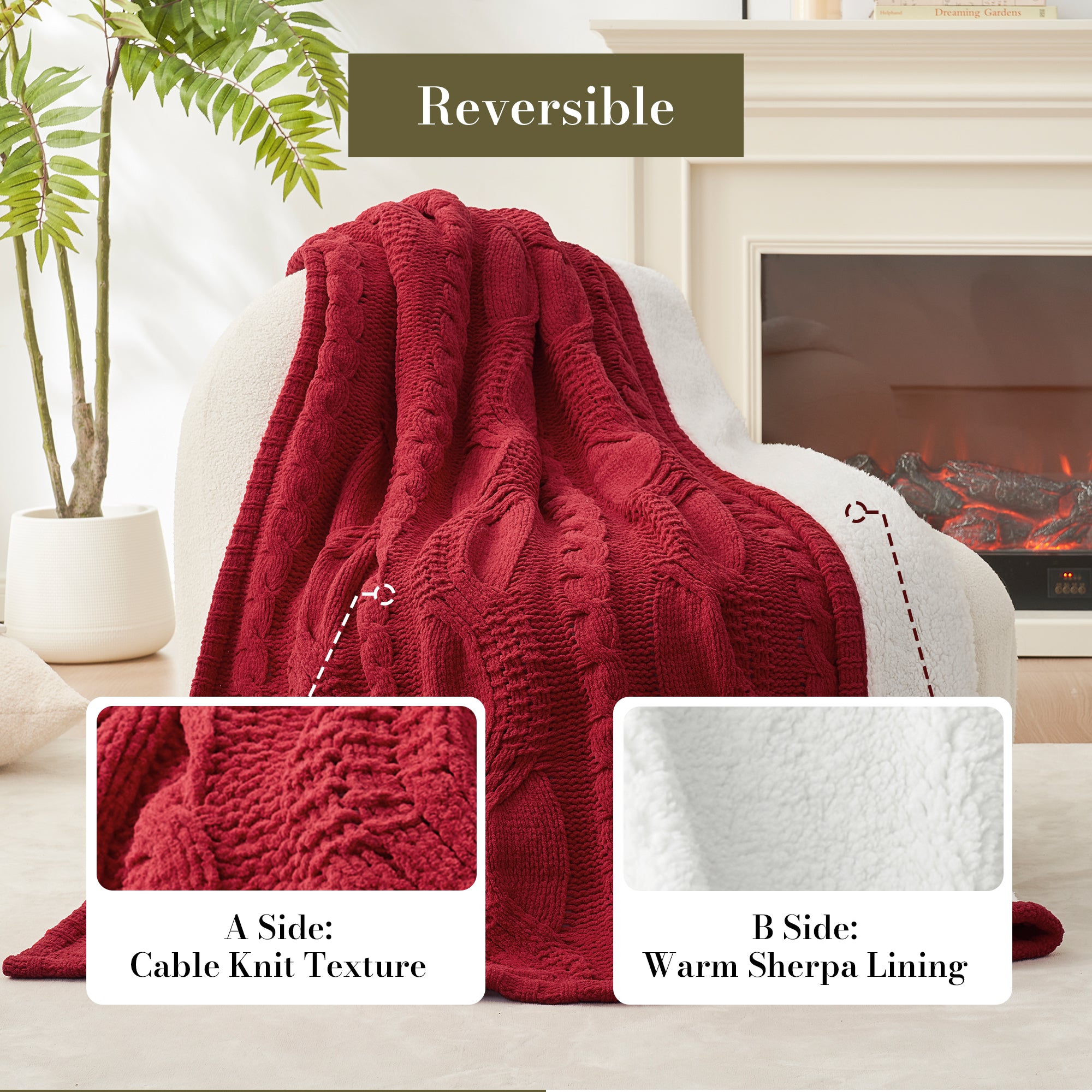 Cozy Bliss X Amélie Home Reversible Cable Chenille Sherpa Knit Throw Blanket