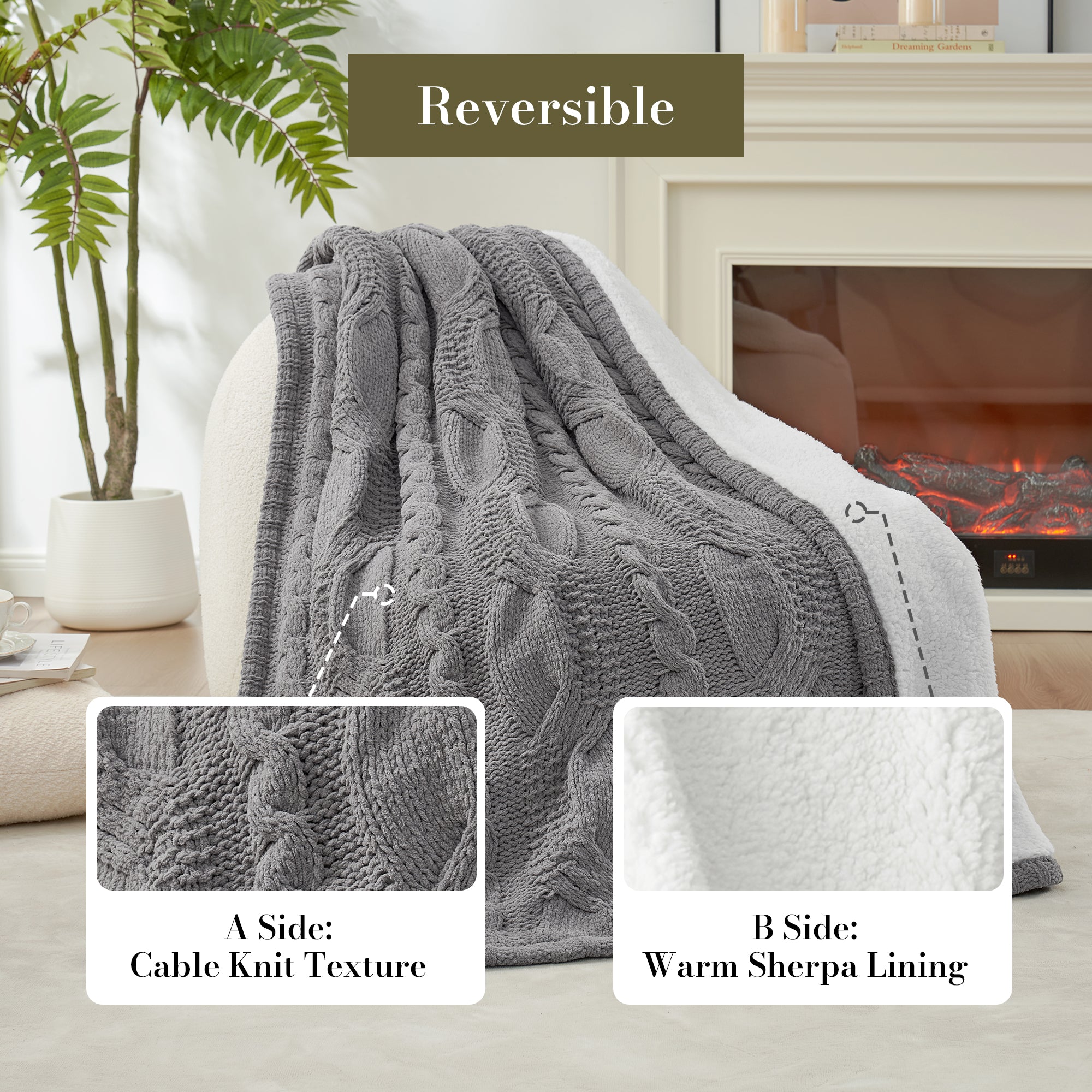 Gray cable knit blanket with reversible sherpa lining, shown in a living room setting. #Color_Grey