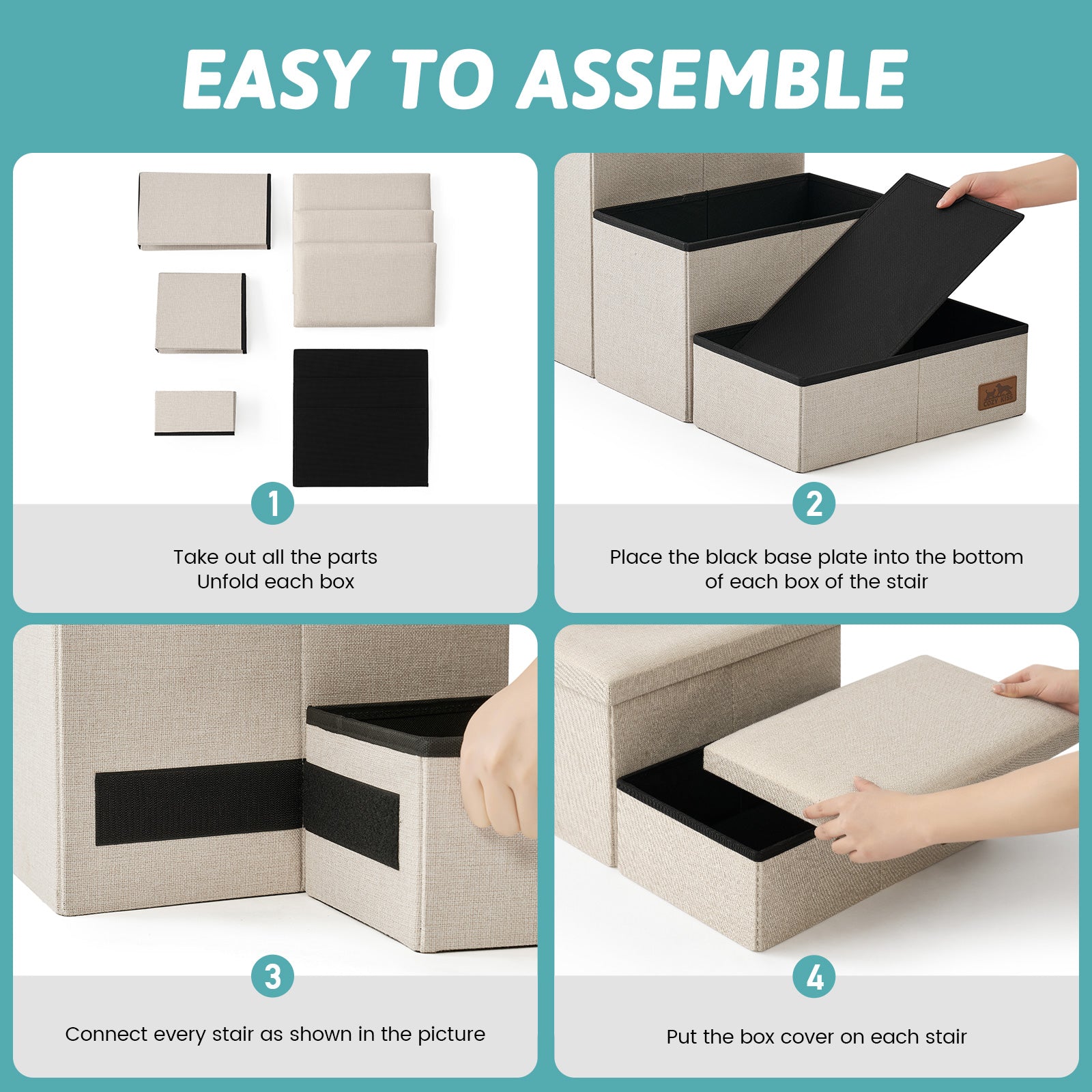 Easy to assemble Cozy Bliss storage pet stairs with simple 4-step unfolding and connecting process. #color_Beige