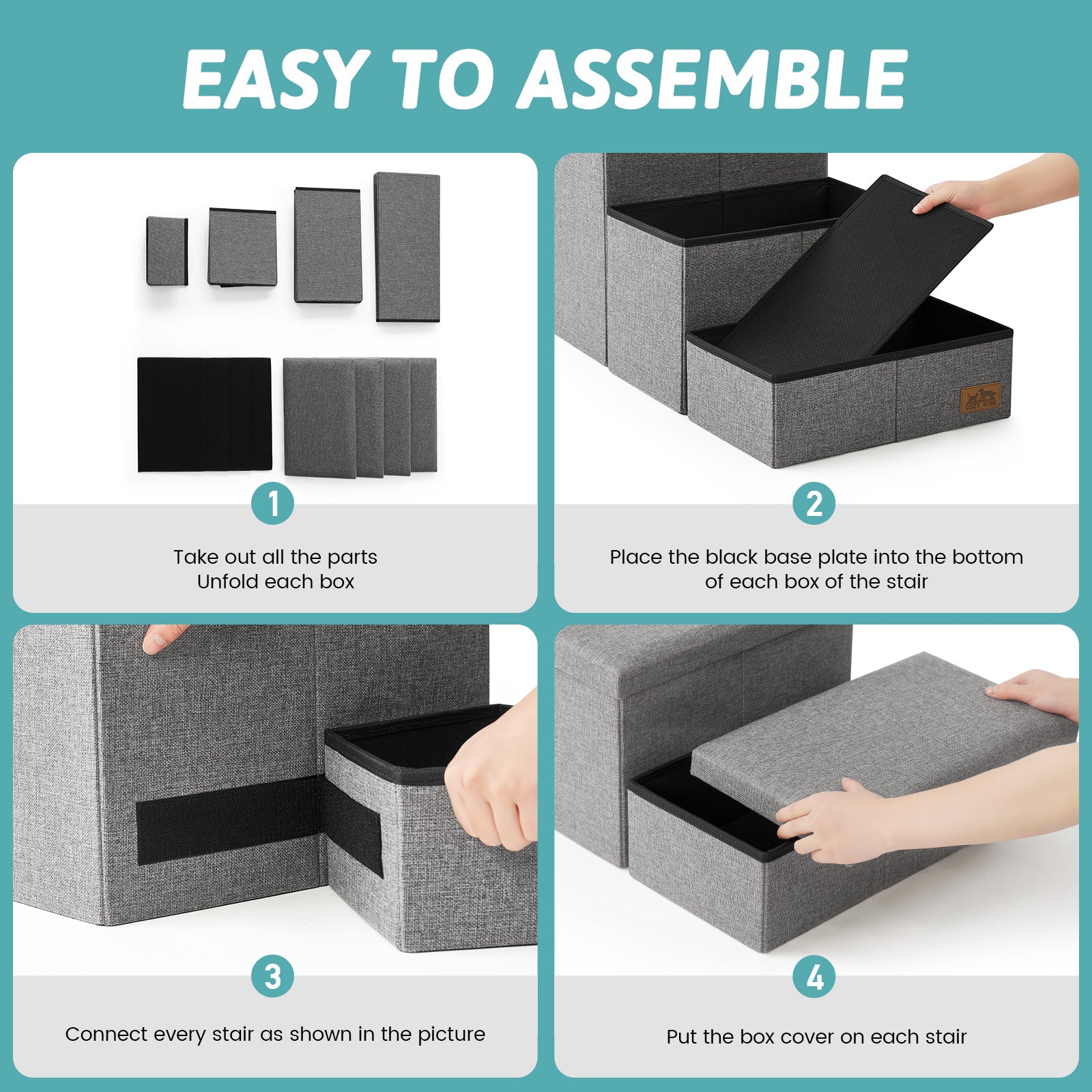 Easy to assemble Cozy Bliss storage pet stairs with simple 4-step unfolding and connecting process. #color_Grey