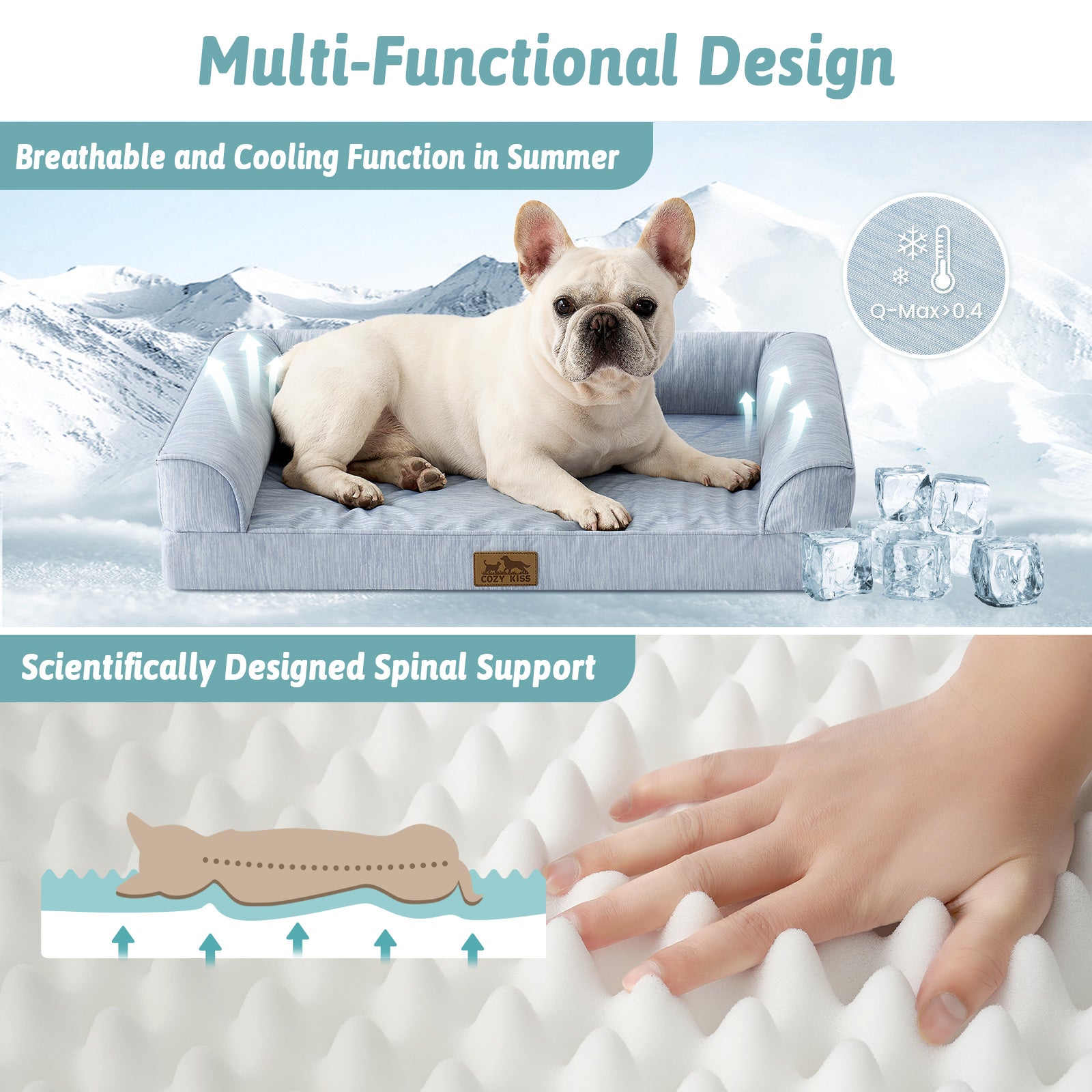 Dog lying on a cooling pad with mountain background, highlighting its breathable and cooling functions.#color_Cool Blue