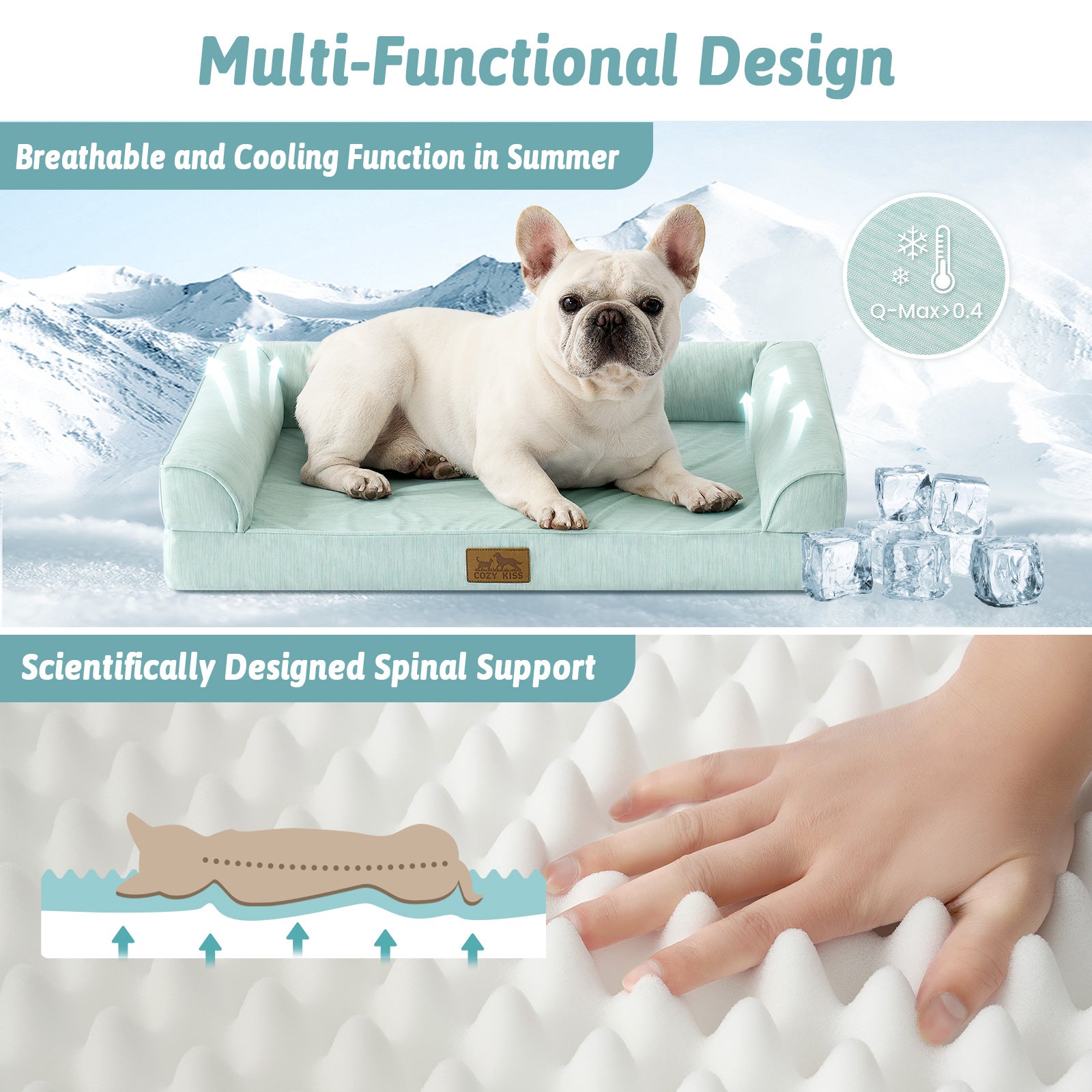 Dog lying on a cooling pad with mountain background, highlighting its breathable and cooling function.#color_Sage Green