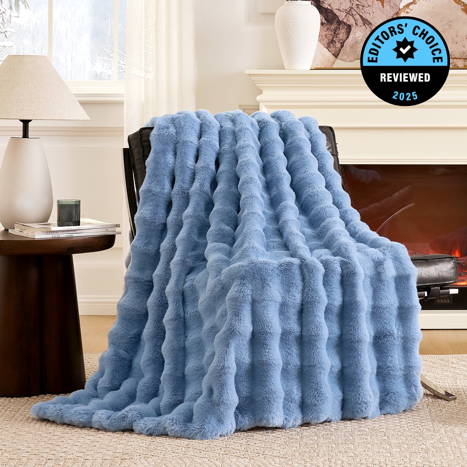 Cozy Bliss Luxurious Bubble Faux Fur Throw Blanket in misty blue front view #color_Misty Blue