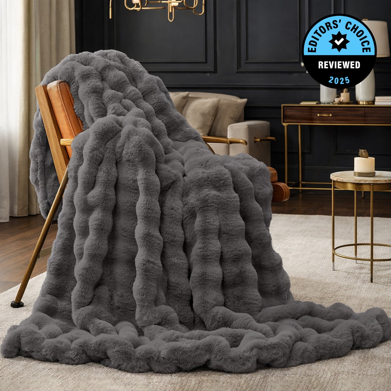 Cozy Bliss Luxurious Bubble Faux Fur Throw Blanket in charcoal grey front view #color_Charcoal Grey
