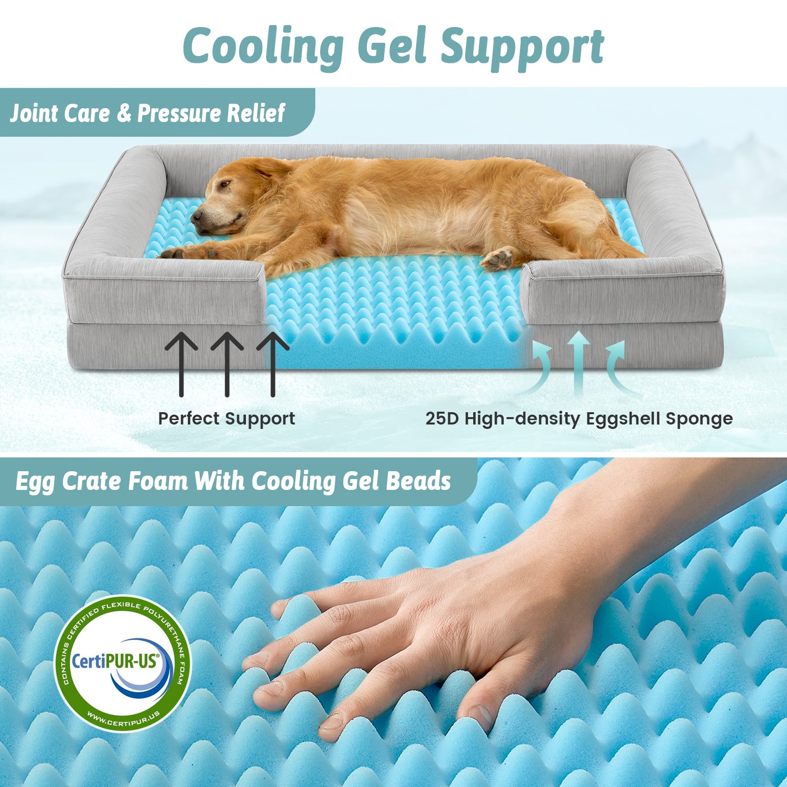 Dog lying on a cooling support bed with text highlighting features like joint care and pressure relief.#color_Light Grey