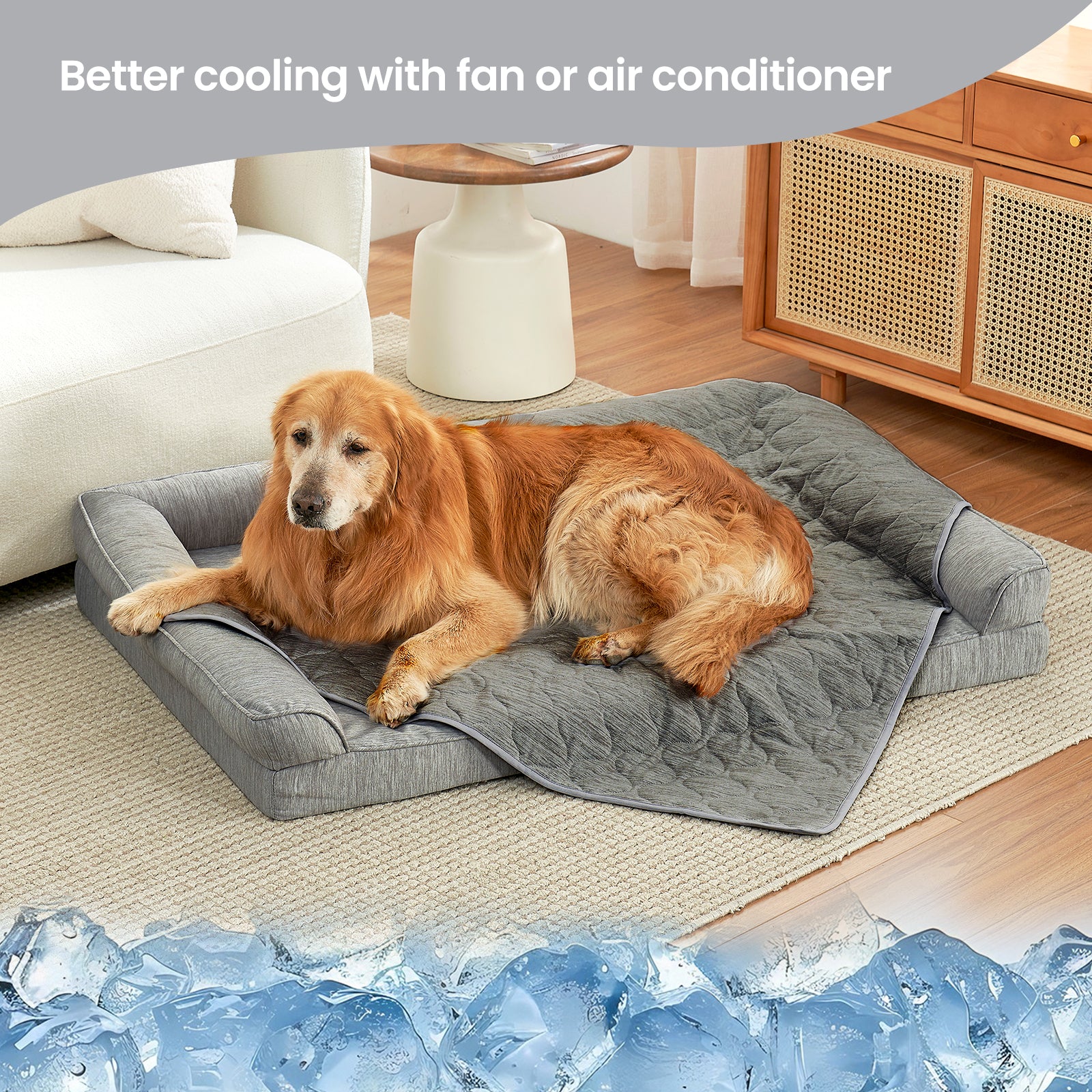 Cozy Bliss pet cooling blanket front view with Dog sitting on it. #color_Dark Grey