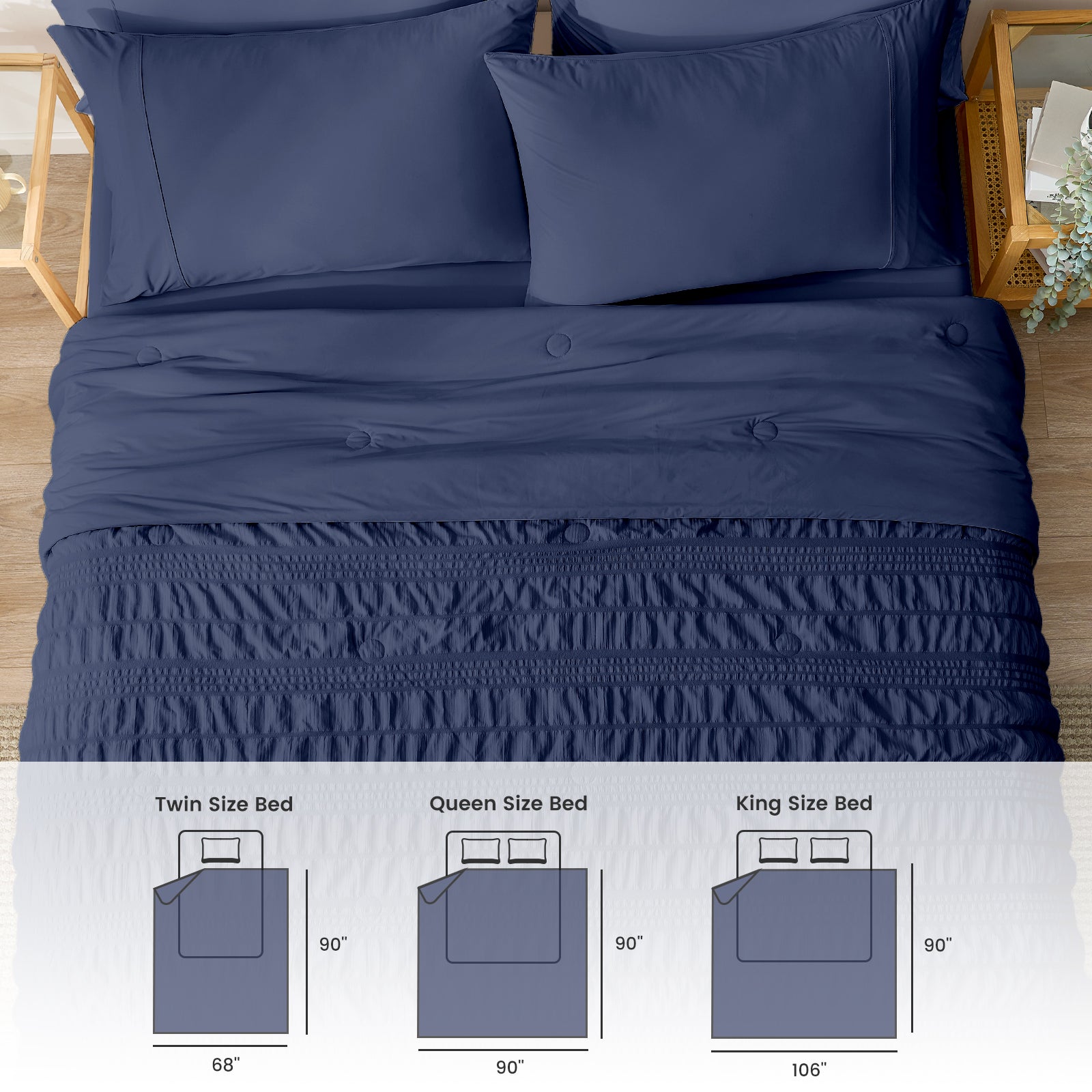 Top view navy bluecooling comforter with size chart overlay, seersucker textured breathable bedding with dimensions.#color_Navy Blue