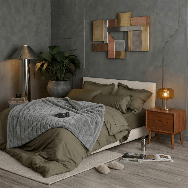 Cozy Bliss faux fur blanket styled on a modern bed, creating a cozy and moody bedroom atmosphere #color_Grey