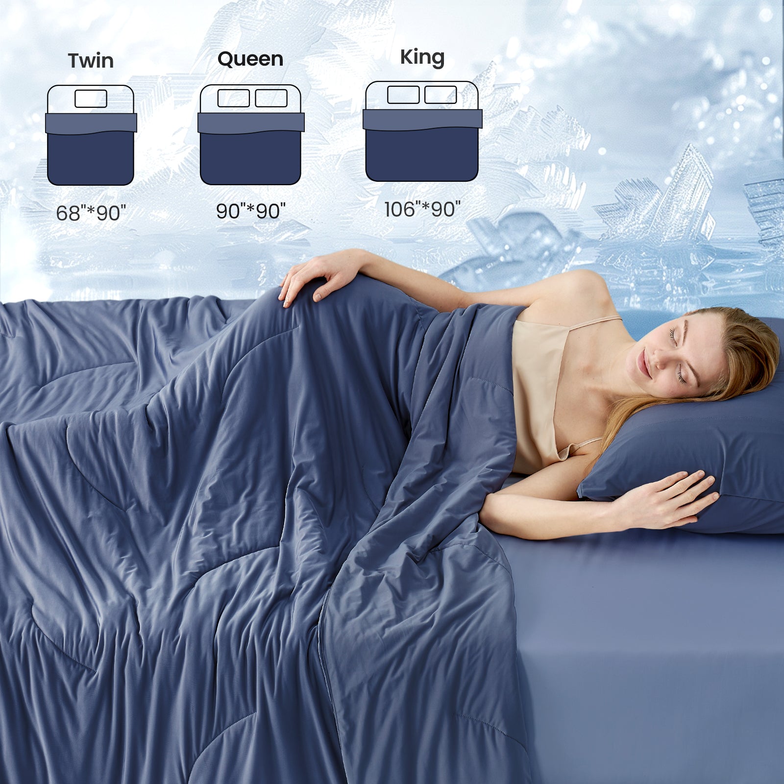 Cozy Bliss Cooling Comforter in Dark Blue, sizes Twin, Queen, King, featuring a woman sleeping comfortably#color_Dark Blue