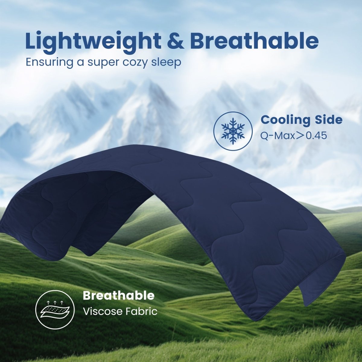 Floating Sorona® navy blue cooling comforter showing dual-sided design, cooling side for freshness and breathable side for comfort. #Color_Navy Blue