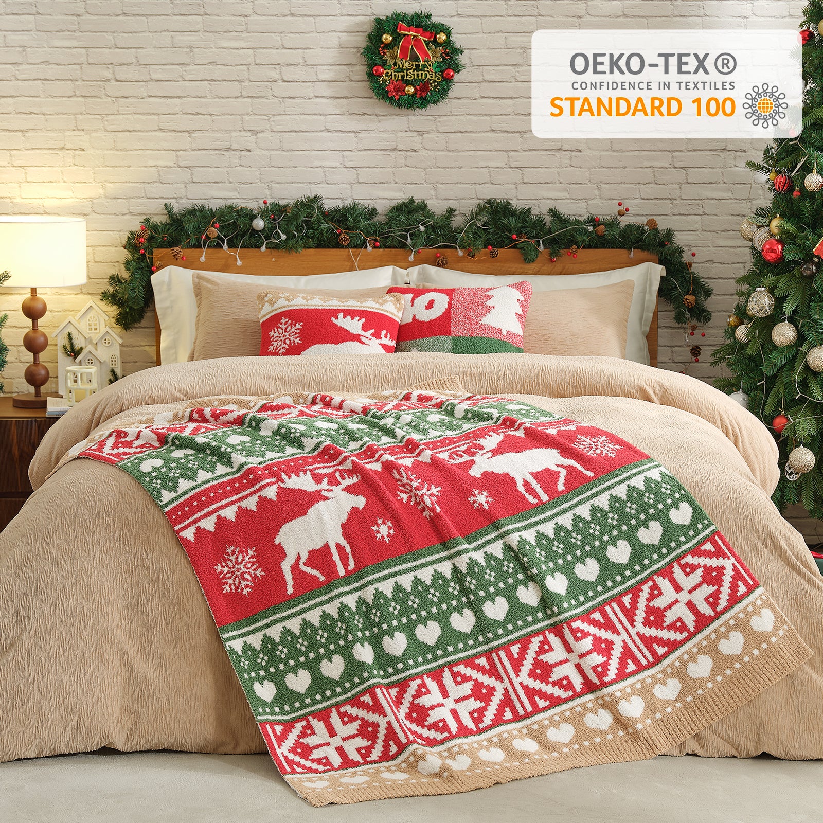 Cozy Bliss x SS Reversible Fairy Isle Reindeer Feather Yarn Throw Blanket