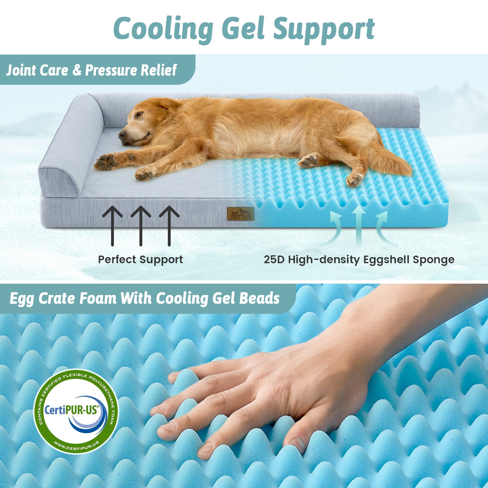 Dog lying on a cooling pet bed with text highlighting features.#color_Cool Blue