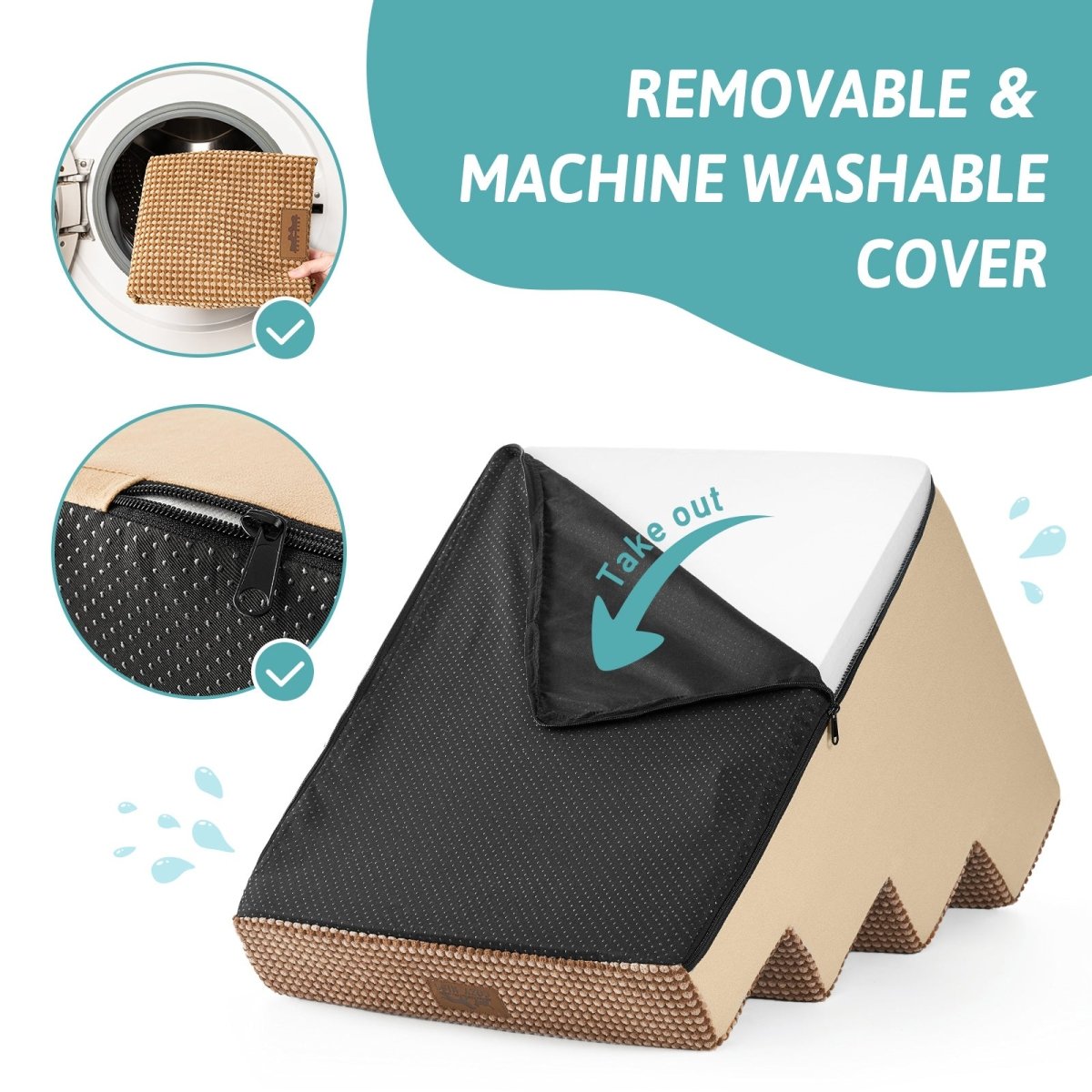 Removable and machine washable cover of Cozy Bliss foam pet stairs with a smooth zipper for easy cleaning. #color_Light Brown
