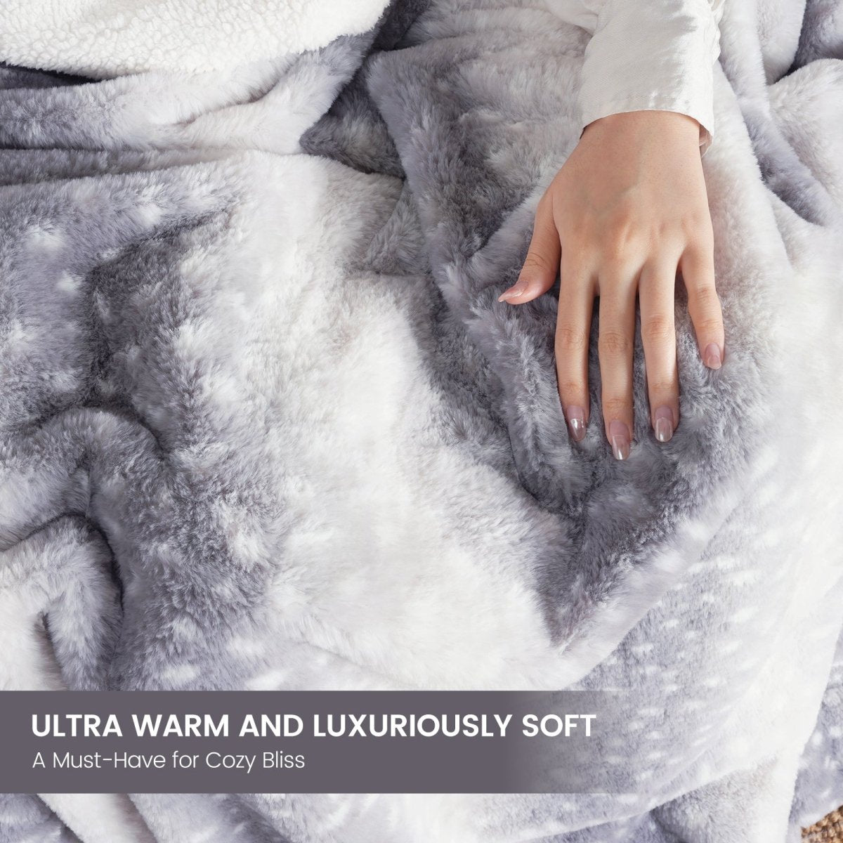 Gray textured fabric with a hand touching it, labeled 'Ultra warm and luxuriously soft'.   #color_Silver Sherpa Deer