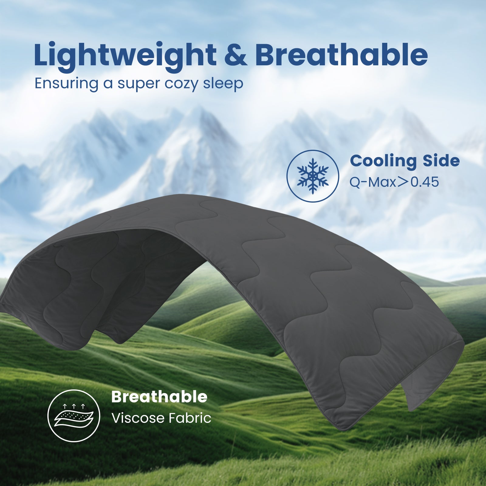 Floating Sorona® charcoal grey cooling comforter showing dual-sided design, cooling side for freshness and breathable side for comfort. #Color_Charcoal Grey