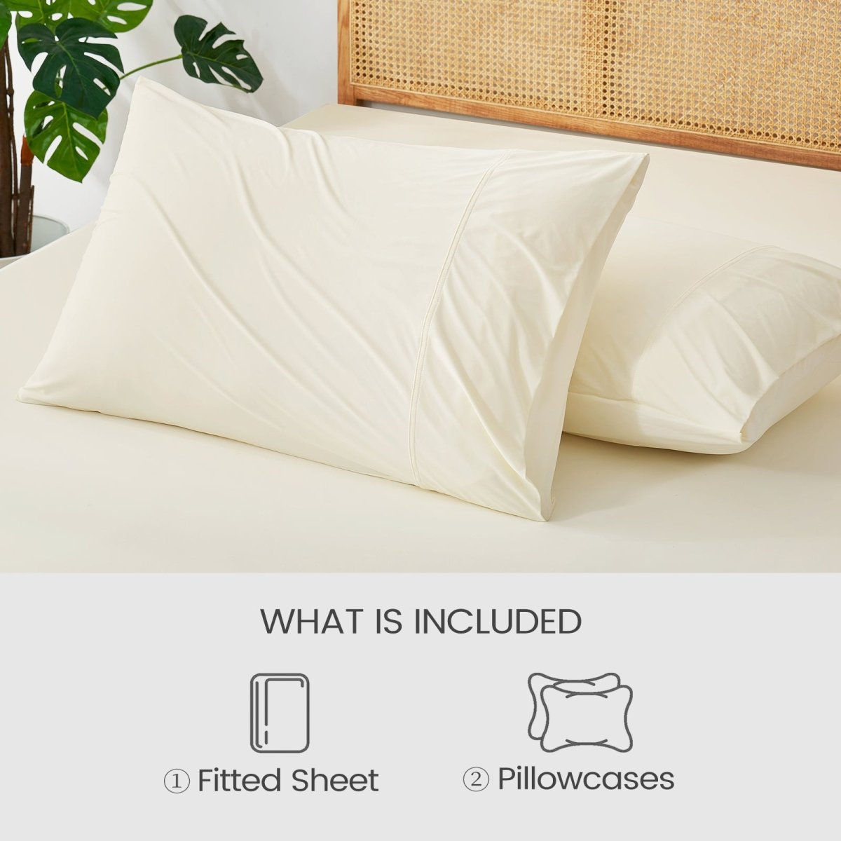 Beige fitted sheet and pillowcases on a bed with a wicker headboard. #Color_Cream White