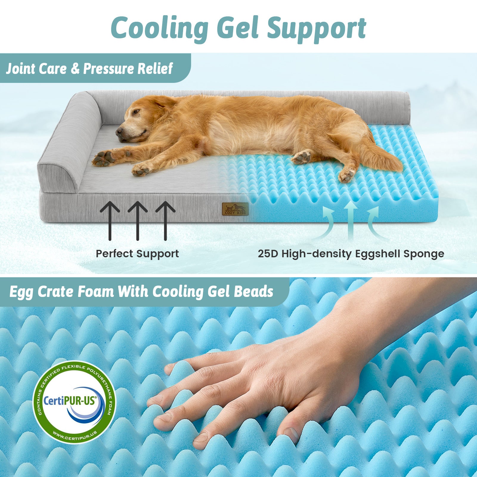 Dog lying on a cooling support bed with text highlighting features and CertiPUR-US certification.#color_Grey