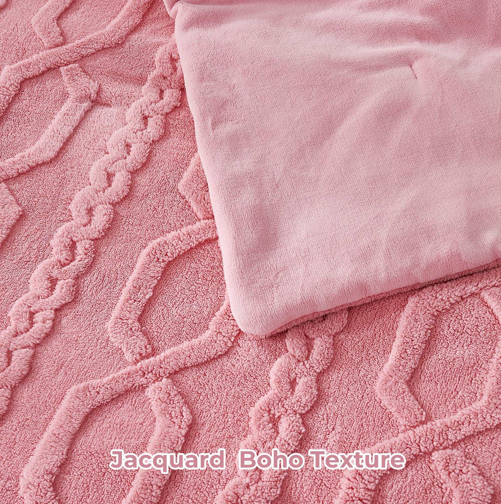 Pink Jacquard Boho Texture Sherpa Bed Set detail #color_ Pink