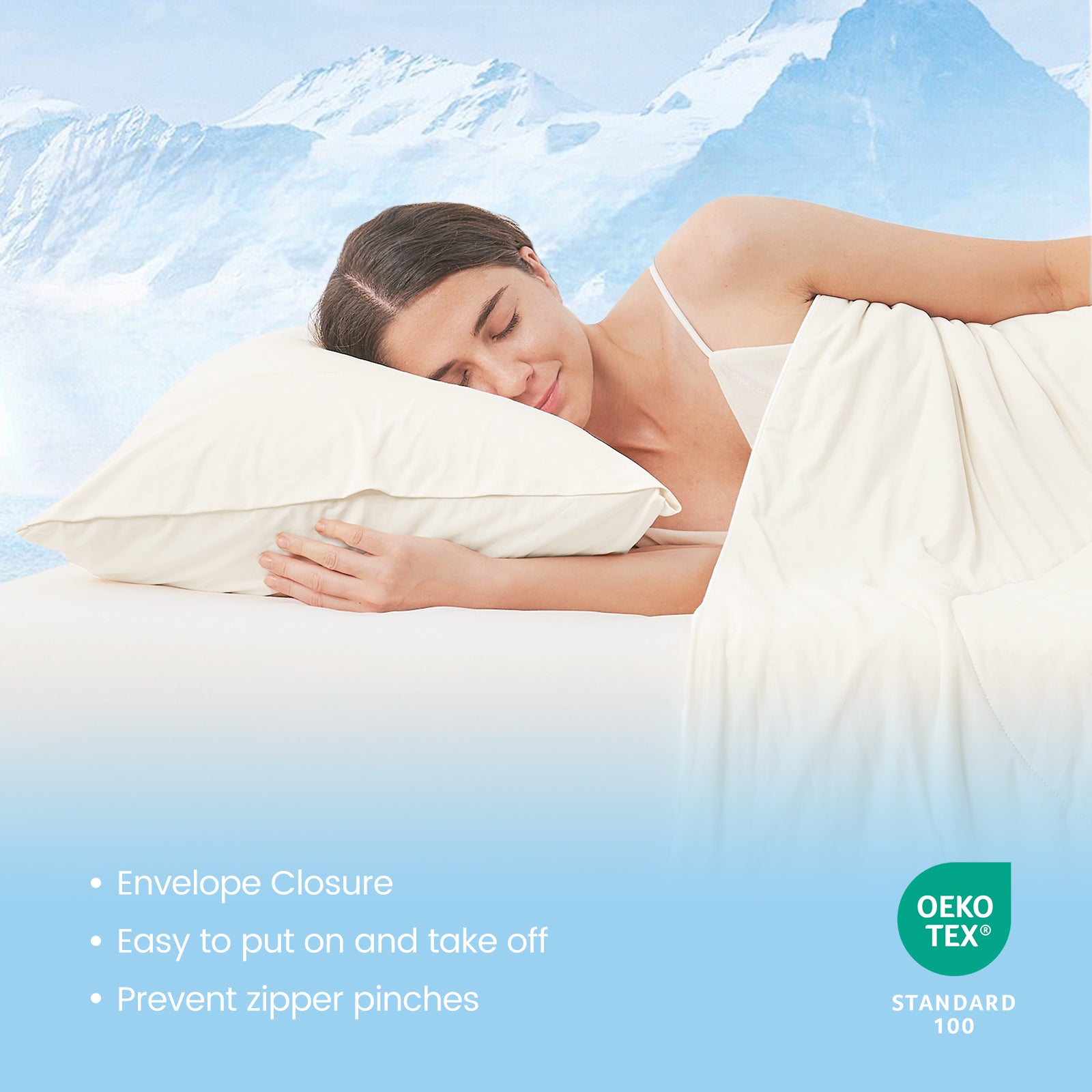 Woman sleeping on a cooling pillow, highlighting comfort, cool and healthy sleep #color_Off White