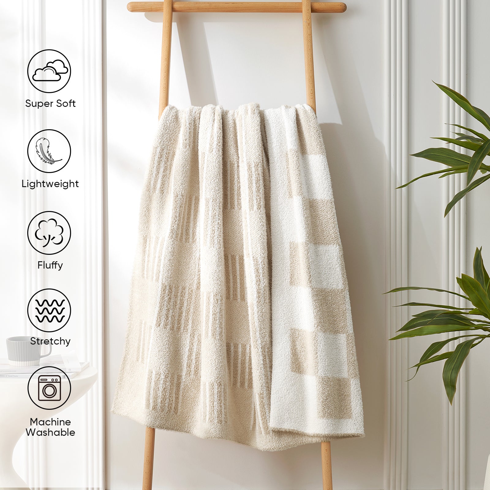 Reversible Heather Checkered Feather Yarn Throw Blanket