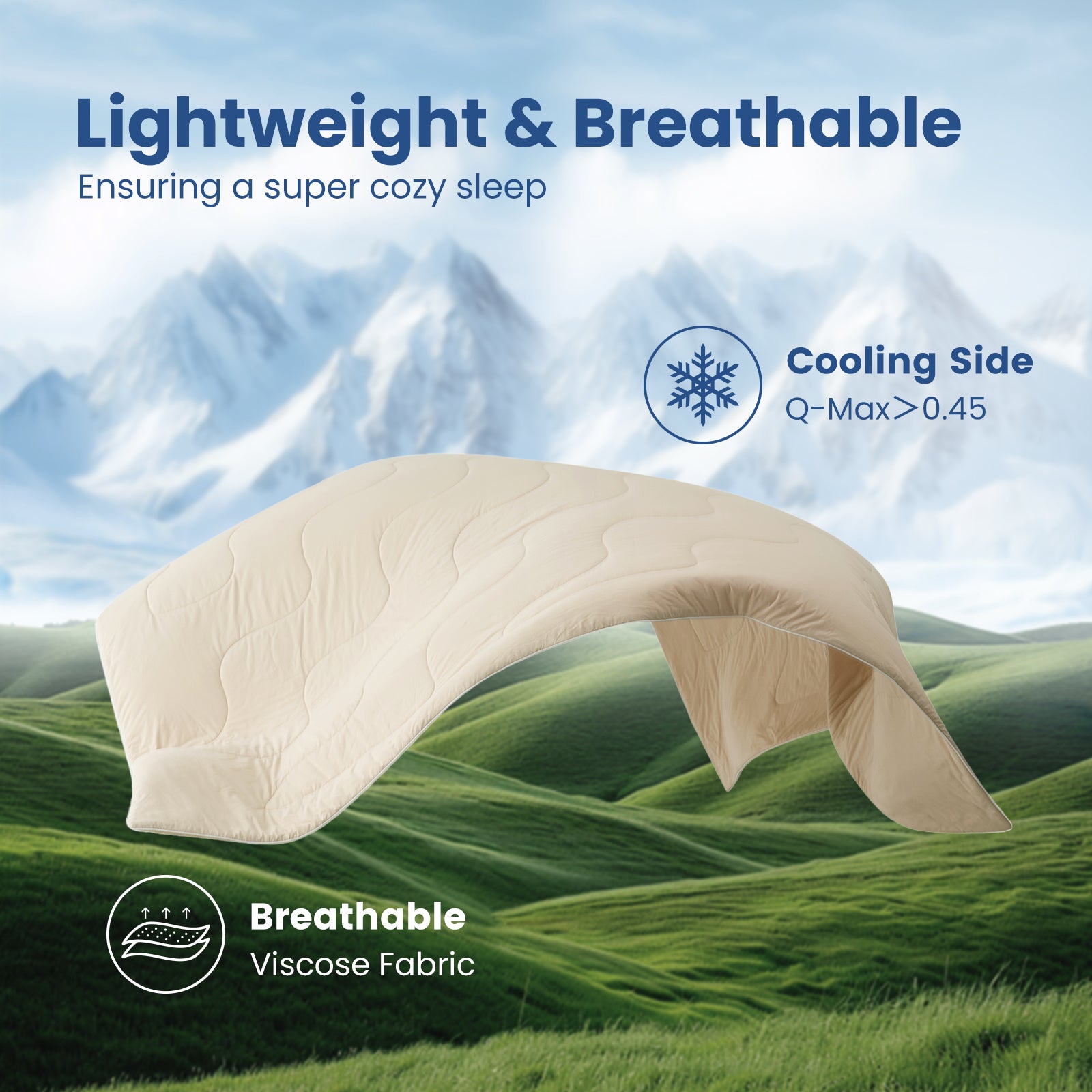 Floating Sorona® khaki cooling comforter showing dual-sided design, cooling side for freshness and breathable side for comfort. #Color_Khaki