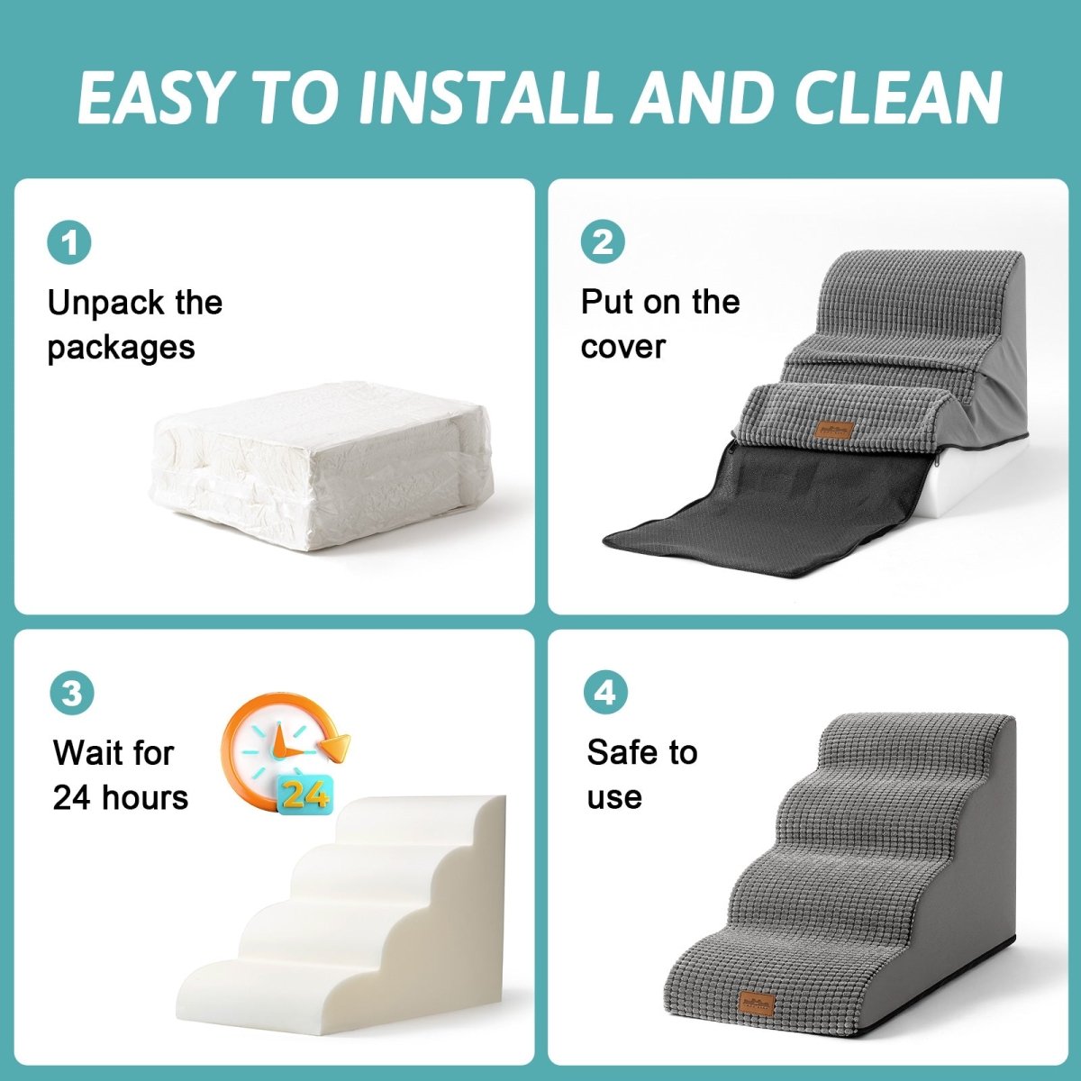 Step-by-step guide on how to install and use a pet stair set with text 'Easy to Install and Clean'.#color_Dark Grey